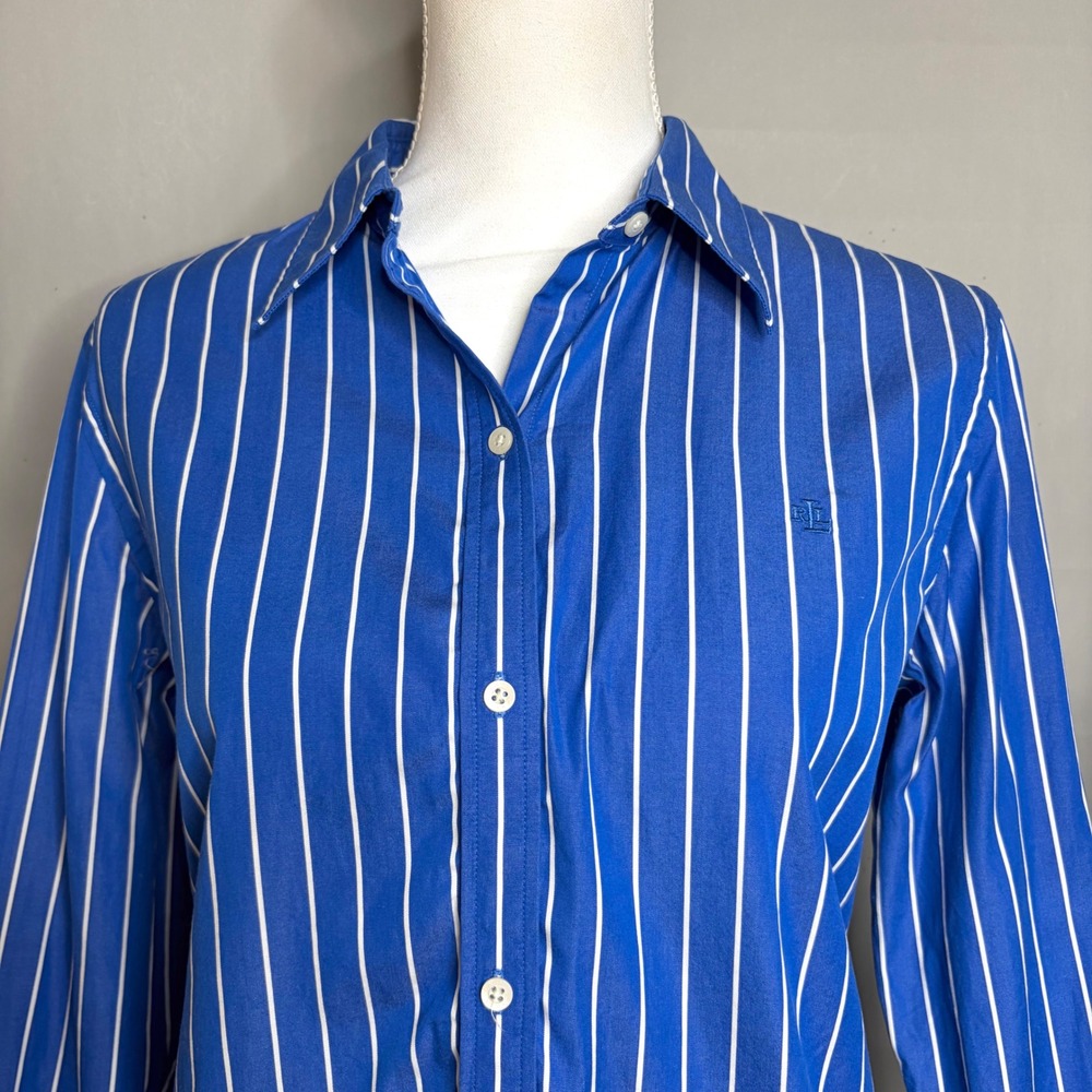 90s Y2K Lauren Ralph Lauren Striped Monogram Shirt L Blue White Cotton Top - Picture 6 of 8